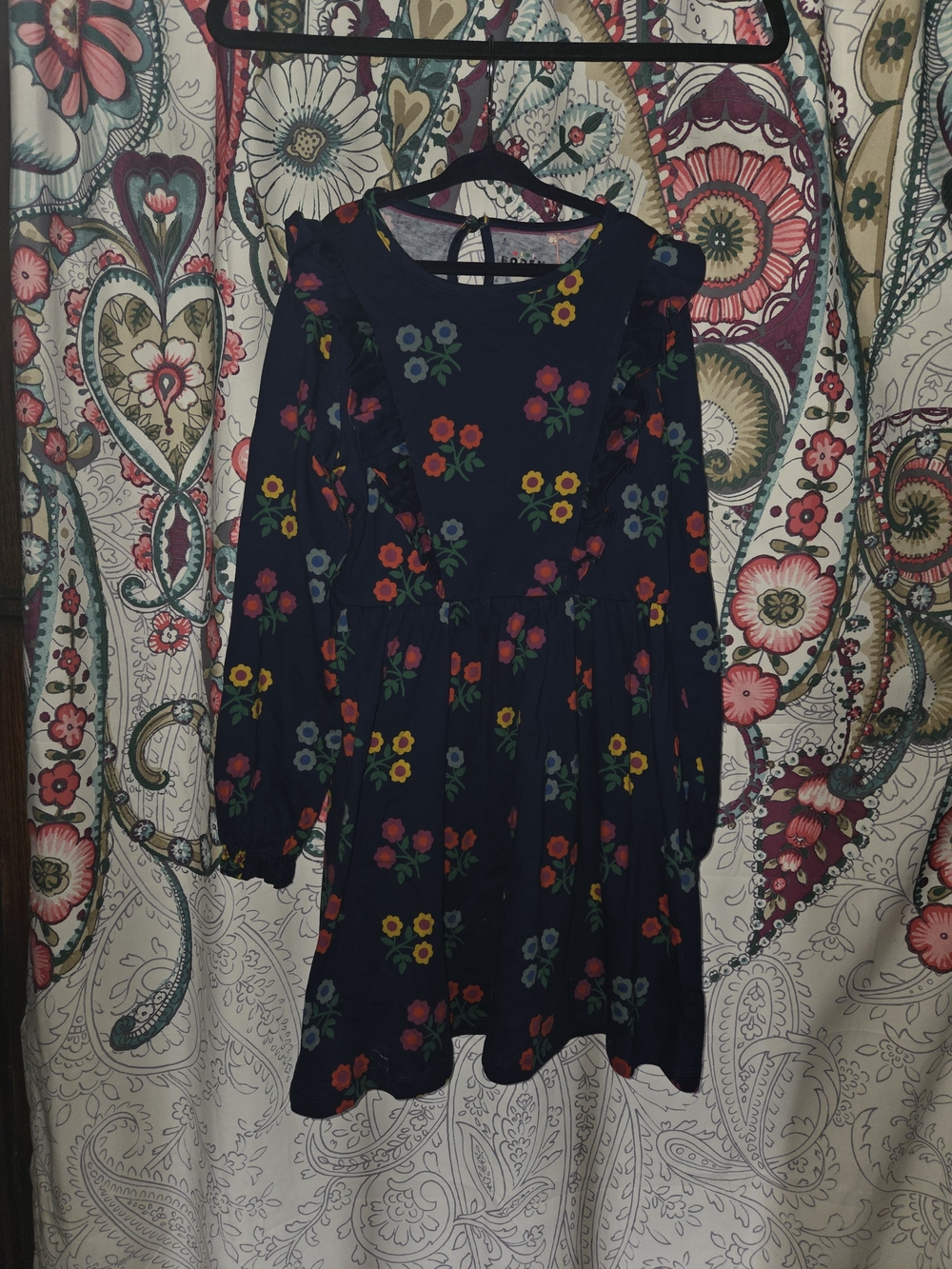 NWT Mini Boden Girls Floral Navy Dress Long Sleeve Ruffle Size 8-9y Fall Winter
